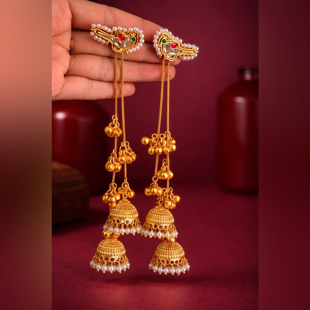 Indian Kashmiri Gold Jhumka Earrings with bird